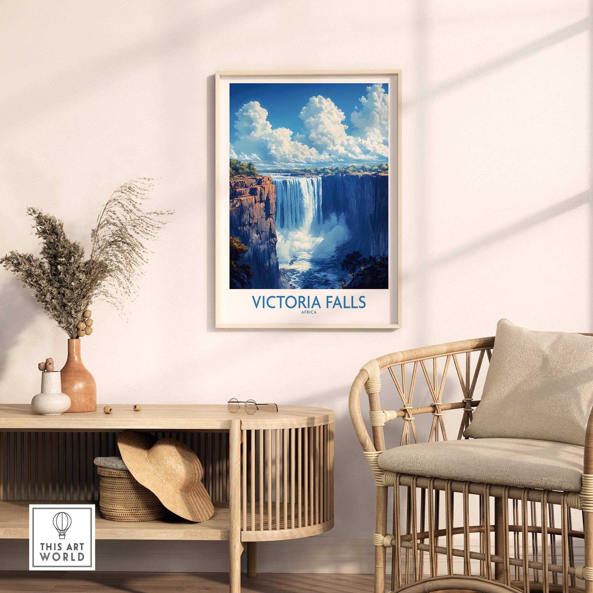 Victoria Falls Poster displayed on a wall above a stylish chair, capturing the majestic beauty of Victoria Falls.
