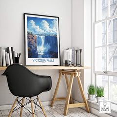 Victoria Falls Poster displayed in a chic workspace, showcasing the natural beauty of the iconic landmark.