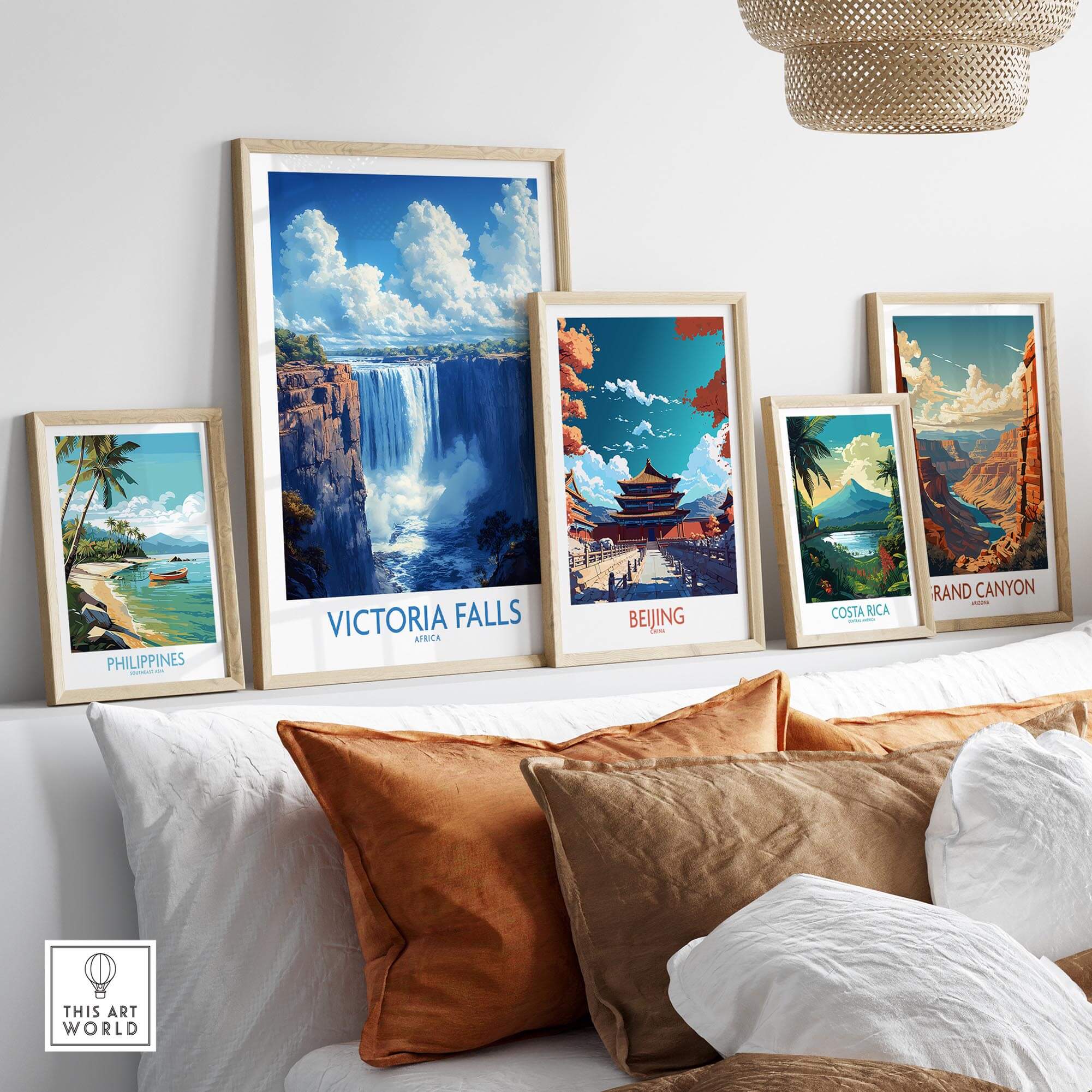 Victoria Falls Poster displayed among other travel posters on a modern shelf in a stylish living room.