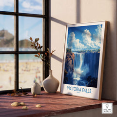 Victoria Falls Poster displayed on a windowsill, showcasing stunning landscape and natural beauty of Victoria Falls.