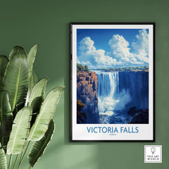 Victoria Falls Poster featuring the stunning waterfall landscape against a green wall with tropical plants.