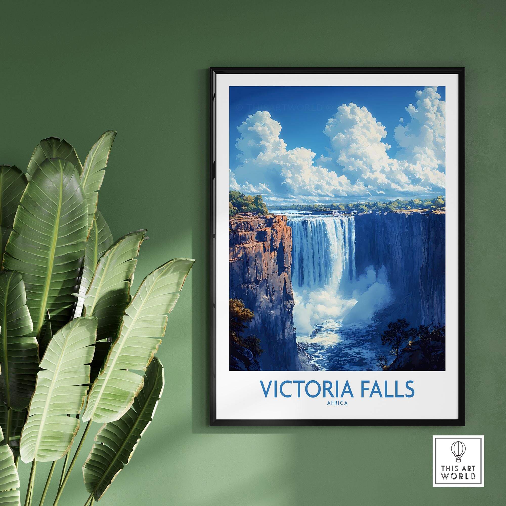 Victoria Falls Poster featuring the stunning waterfall landscape against a green wall with tropical plants.