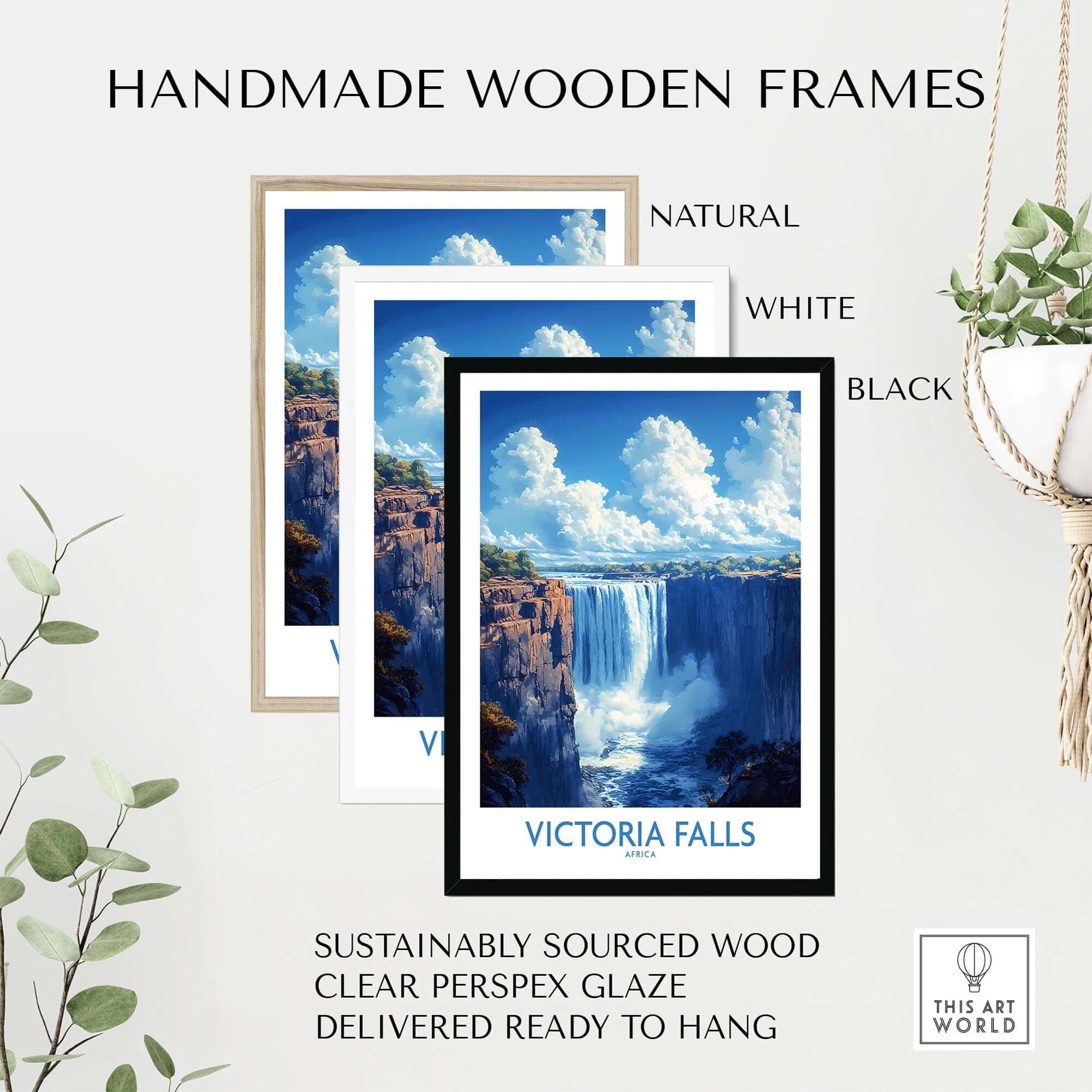 Victoria Falls Poster framed in natural, white, and black handmade wooden frames with clear perspex glaze.