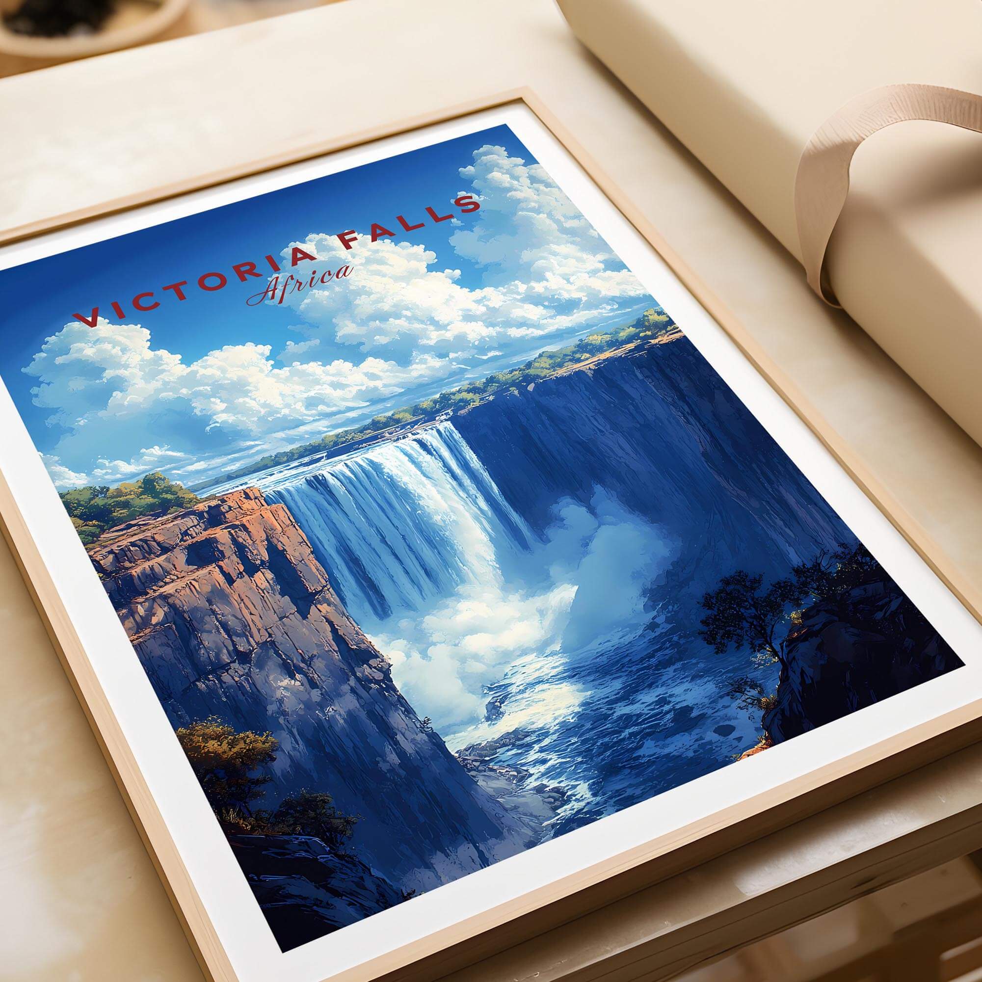 Victoria Falls Print showcasing the breathtaking beauty of Victoria Falls with vibrant colors and dramatic clouds.
