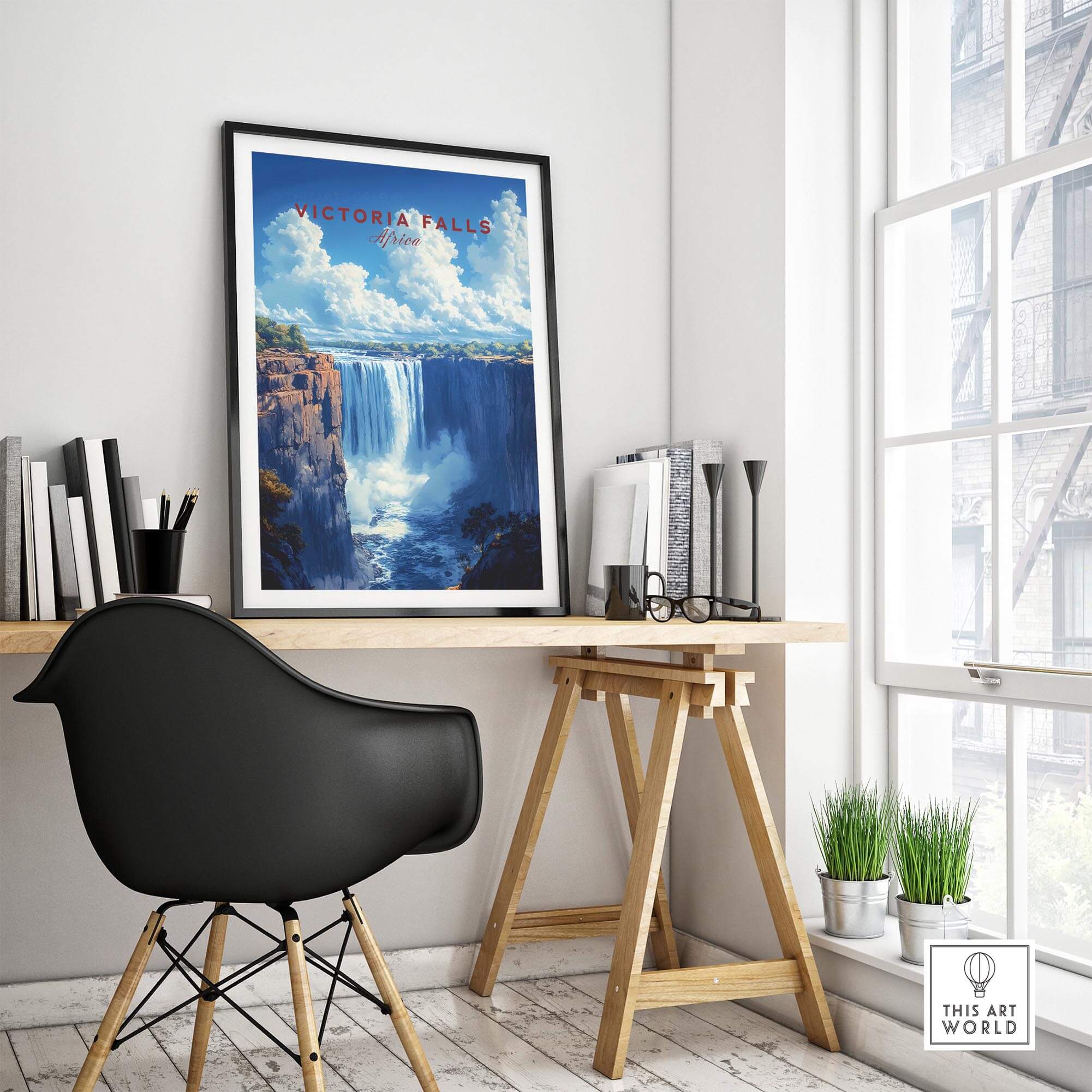 Victoria Falls Print framed on a wall, showcasing its majestic beauty in a stylish home office setting.