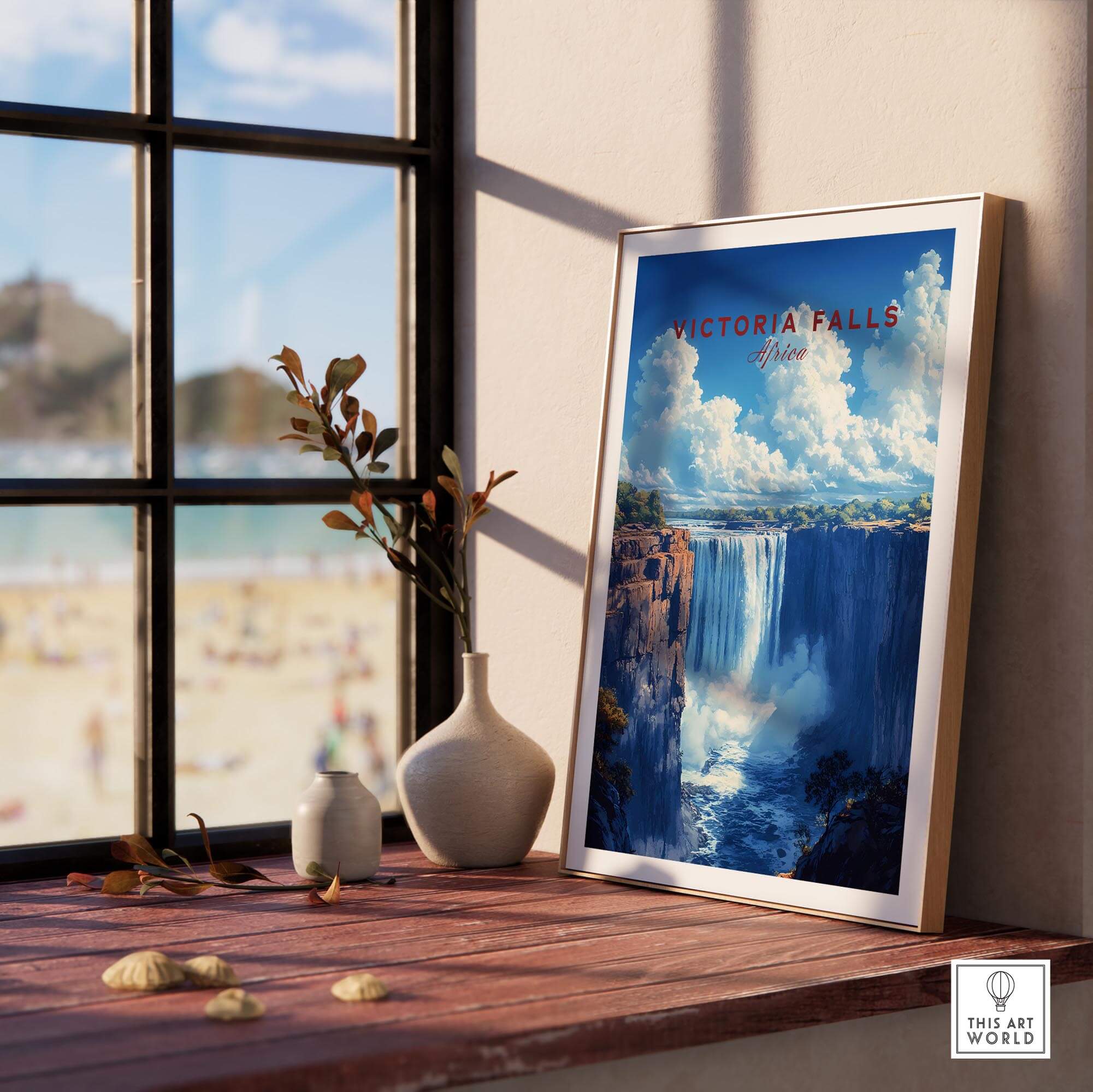 Victoria Falls Print displayed in a bright interior, showcasing the beauty of one of the world's iconic waterfalls.