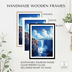 Victoria Falls Print showcased in handmade wooden frames in natural, white, and black options.