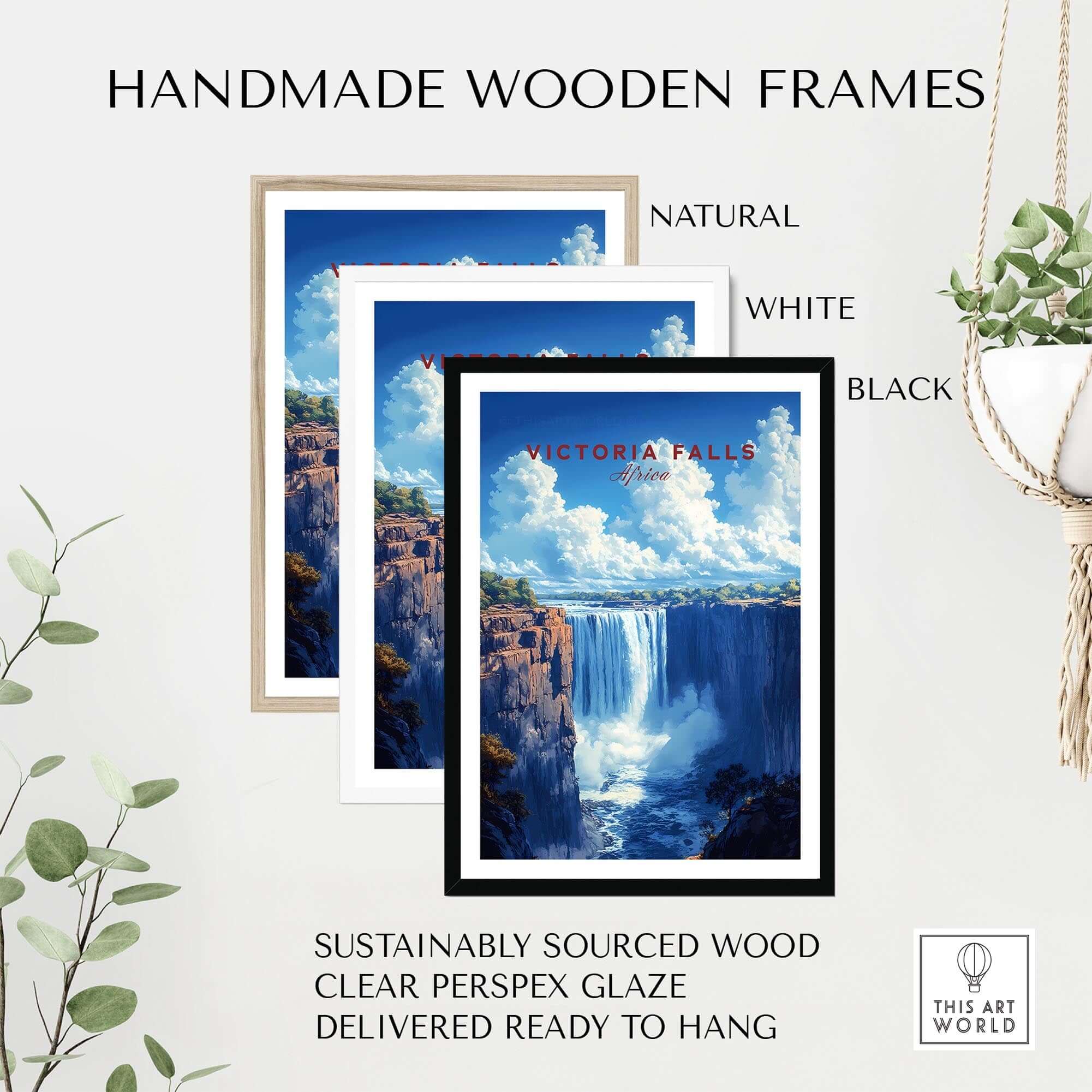Victoria Falls Print showcased in handmade wooden frames in natural, white, and black options.