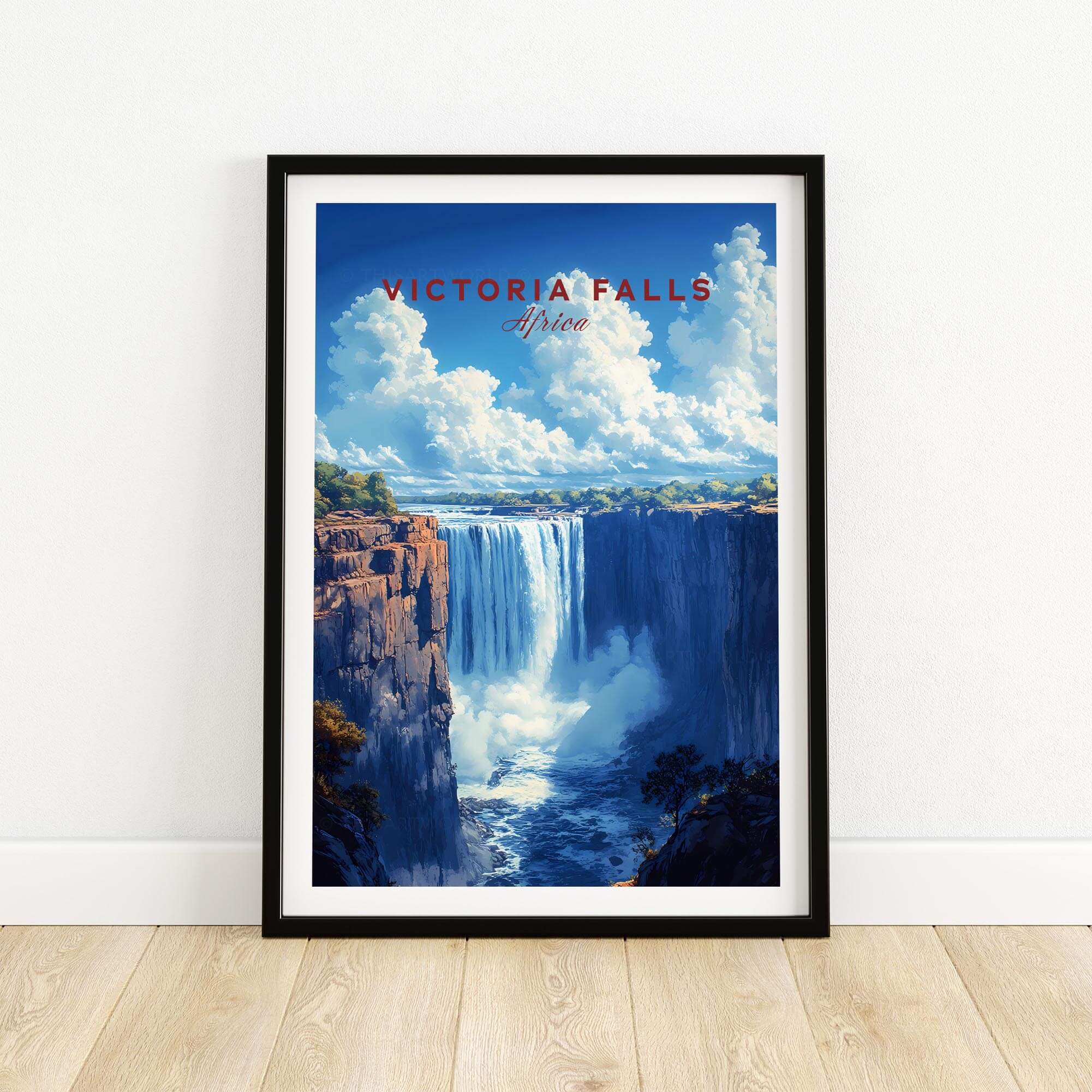 Stunning Victoria Falls Print poster featuring the majestic waterfall and vibrant blue skies in Africa.