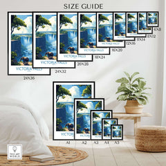 Victoria Falls Travel Poster size guide showcasing various dimensions and wall art arrangement with elephants and waterfalls.