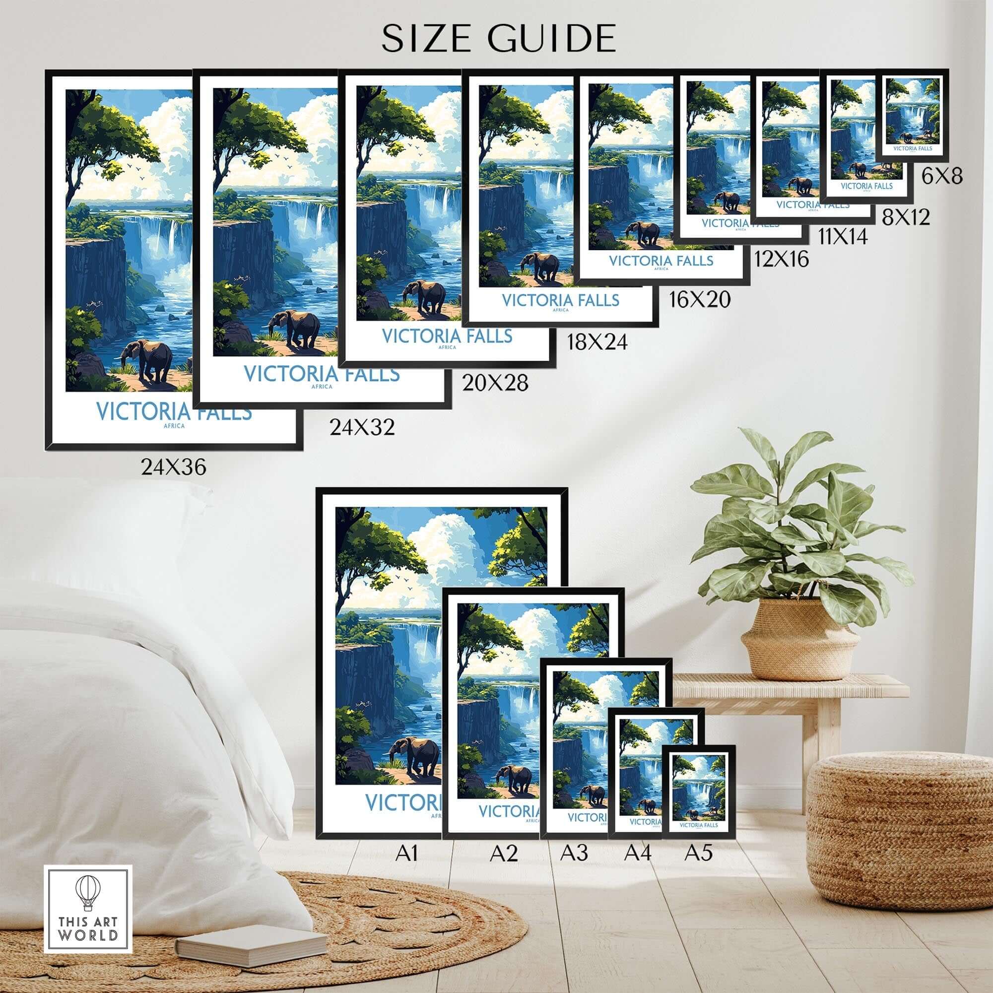 Victoria Falls Travel Poster size guide showcasing various dimensions and wall art arrangement with elephants and waterfalls.