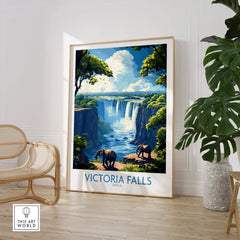Victoria Falls Travel Poster featuring majestic elephants and vibrant landscapes of Africa in a stylish home setting.