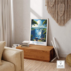 Victoria Falls Travel Poster showcasing elephants at the edge of the majestic Victoria Falls in a stylish home setting.