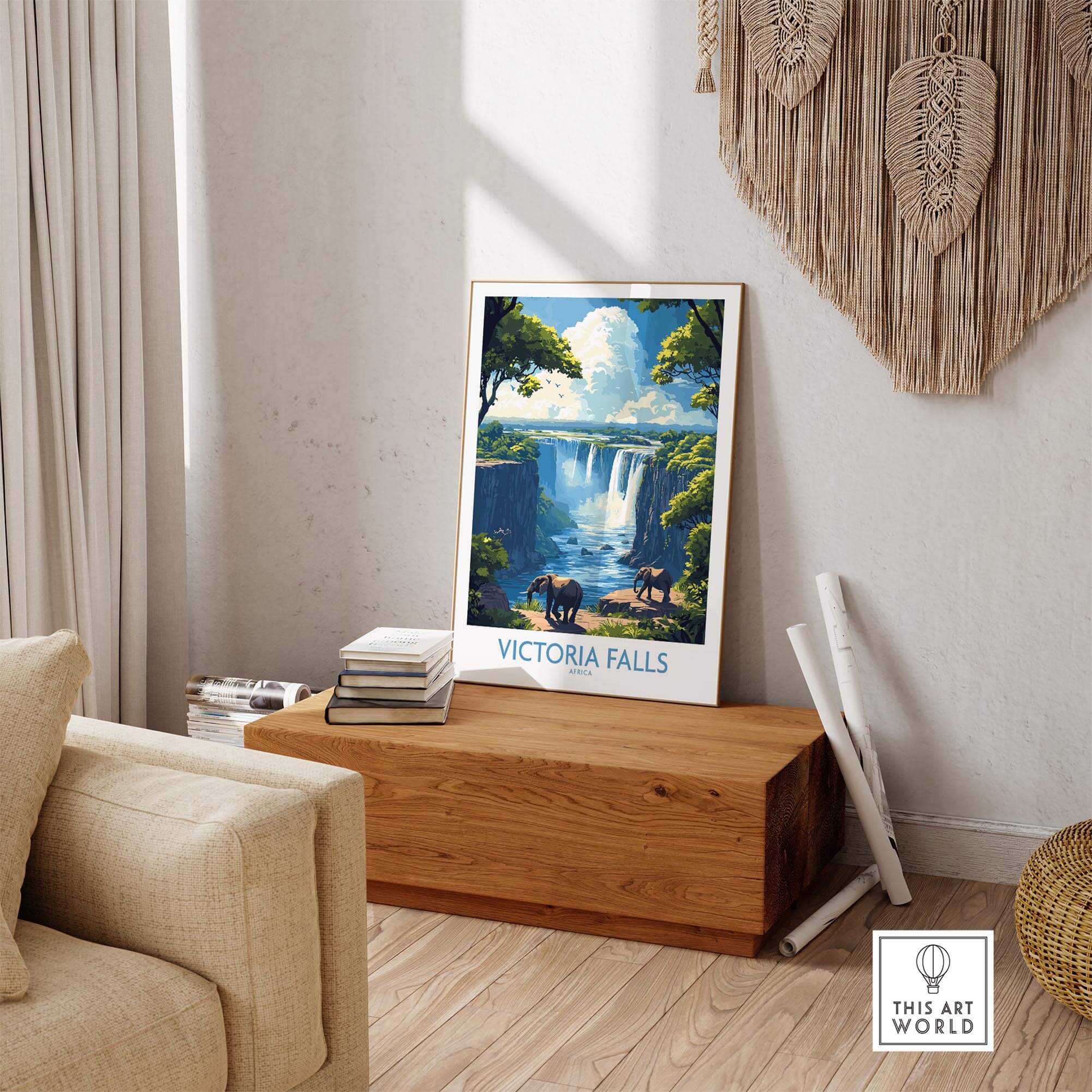 Victoria Falls Travel Poster showcasing elephants at the edge of the majestic Victoria Falls in a stylish home setting.