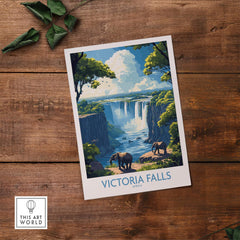 Victoria Falls Travel Poster featuring majestic elephants and breathtaking waterfalls in Africa.