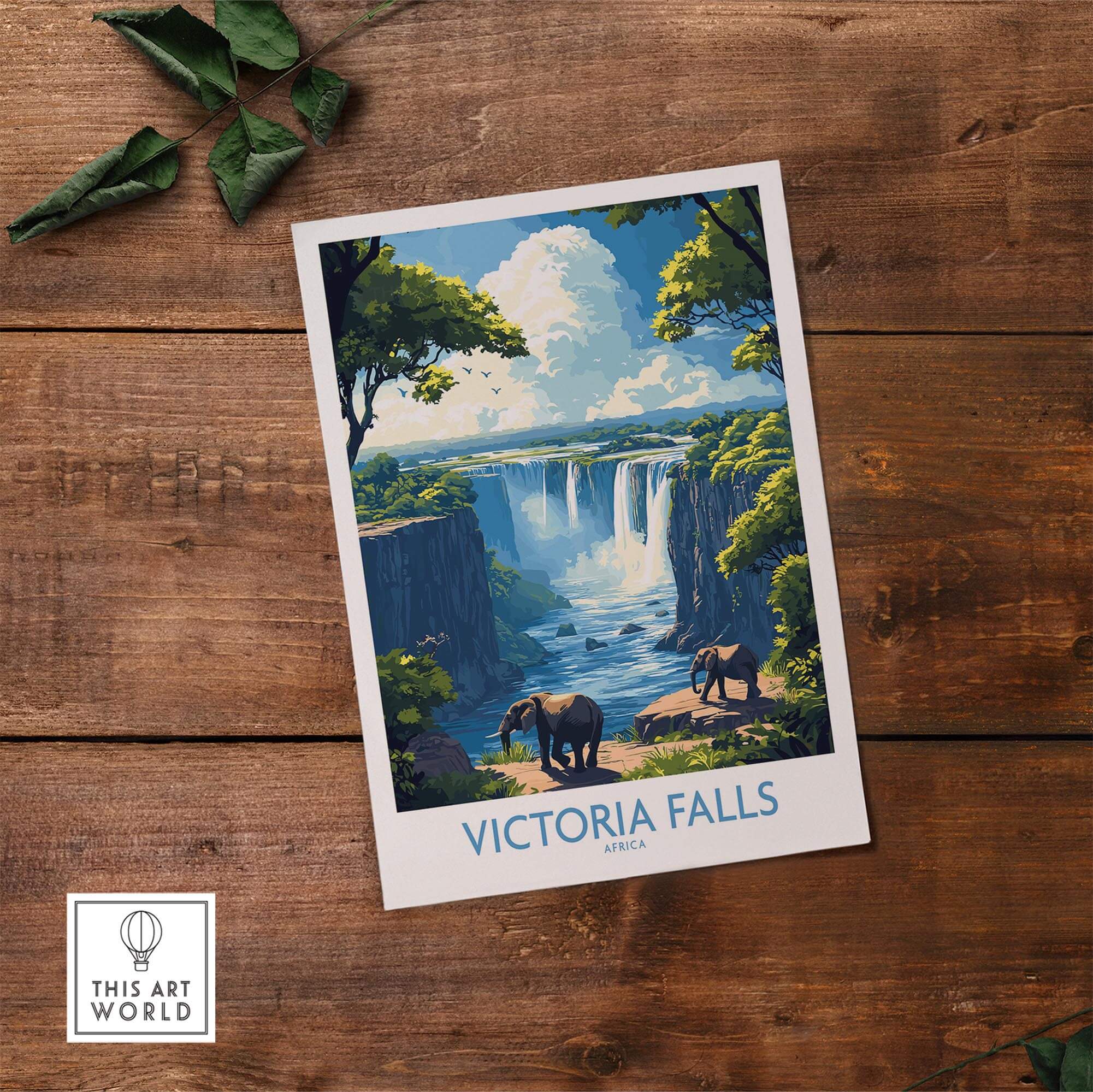 Victoria Falls Travel Poster featuring majestic elephants and breathtaking waterfalls in Africa.