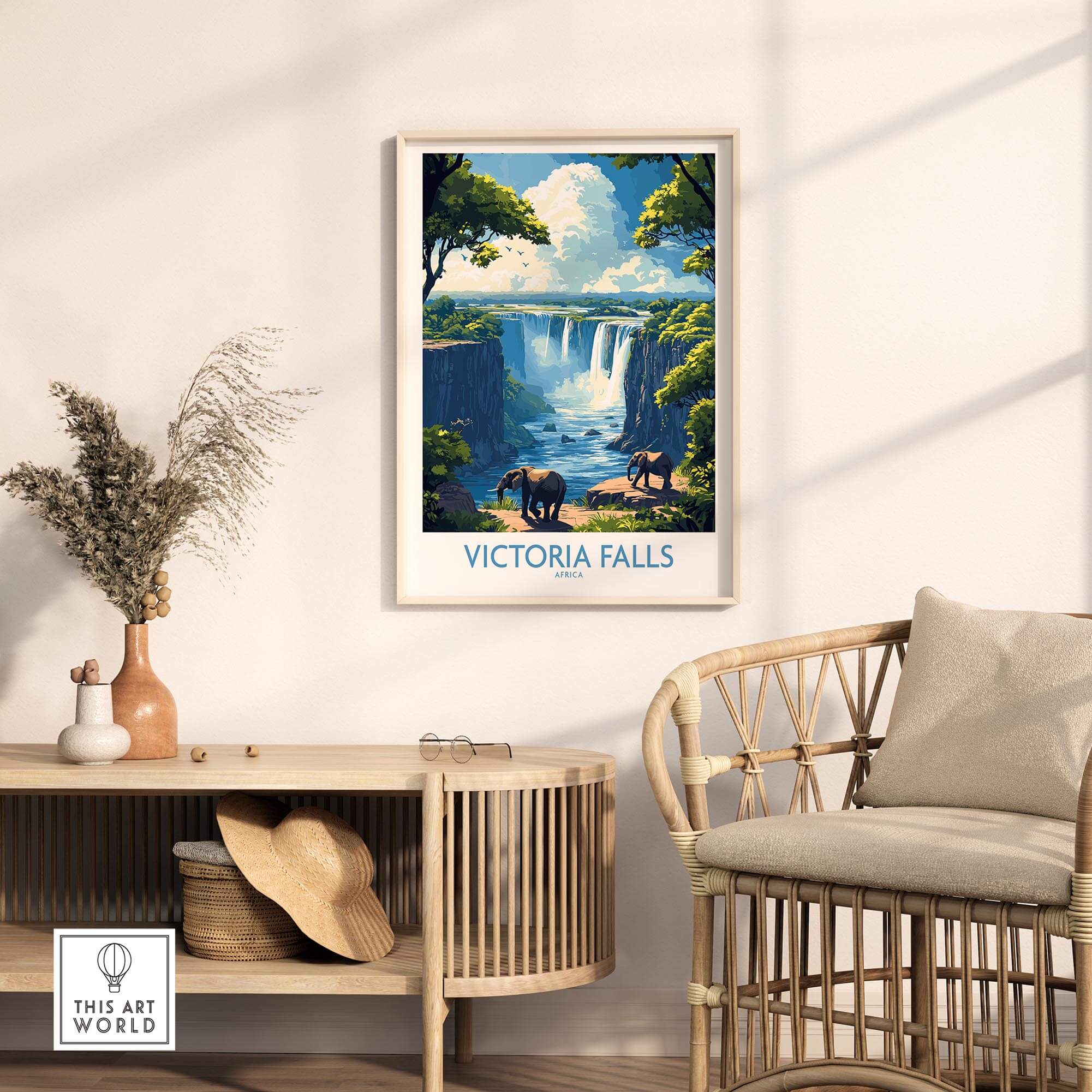 Victoria Falls Travel Poster showcasing elephants by the beautiful Victoria Falls in a stylish home setting.