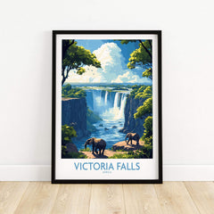 Victoria Falls Travel Poster featuring majestic elephants and stunning scenery of Victoria Falls in Africa.