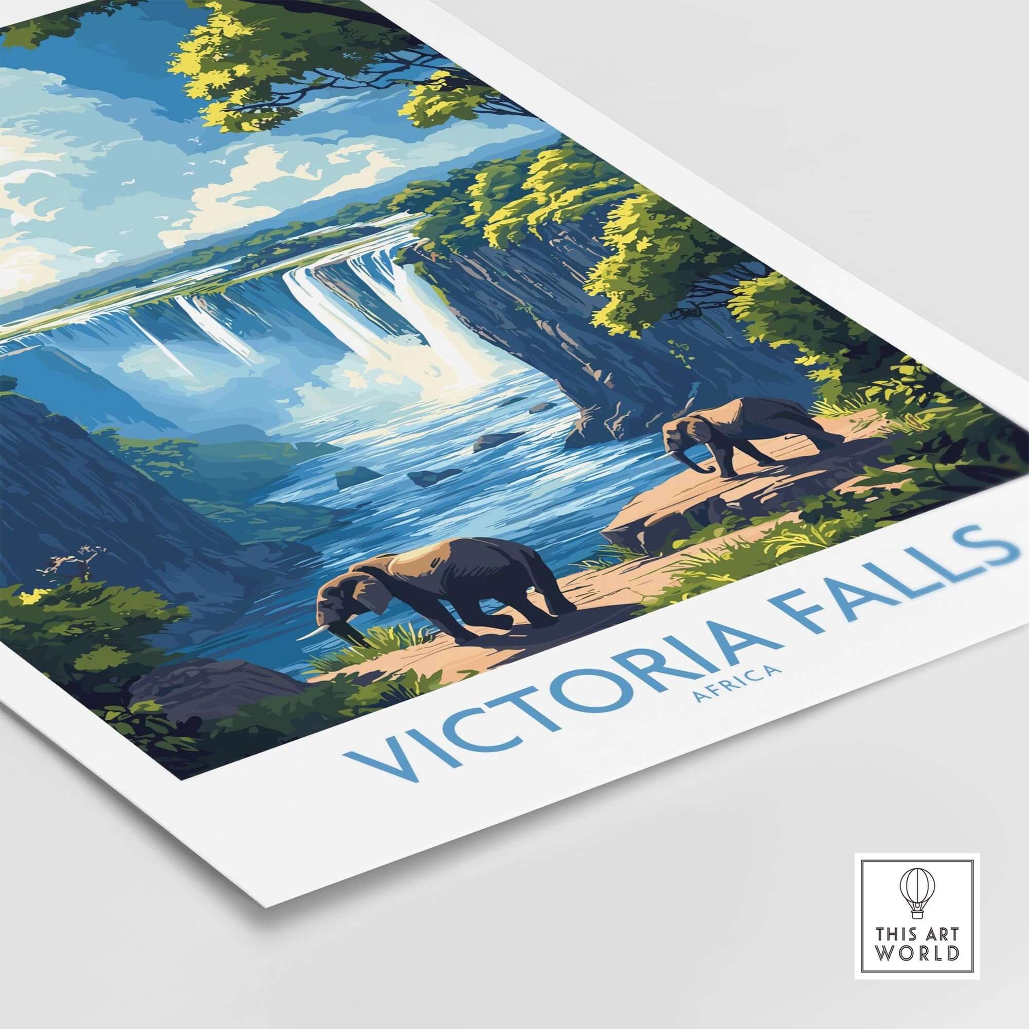 Victoria Falls Travel Poster showcasing majestic elephants near the stunning falls, capturing the essence of African nature.