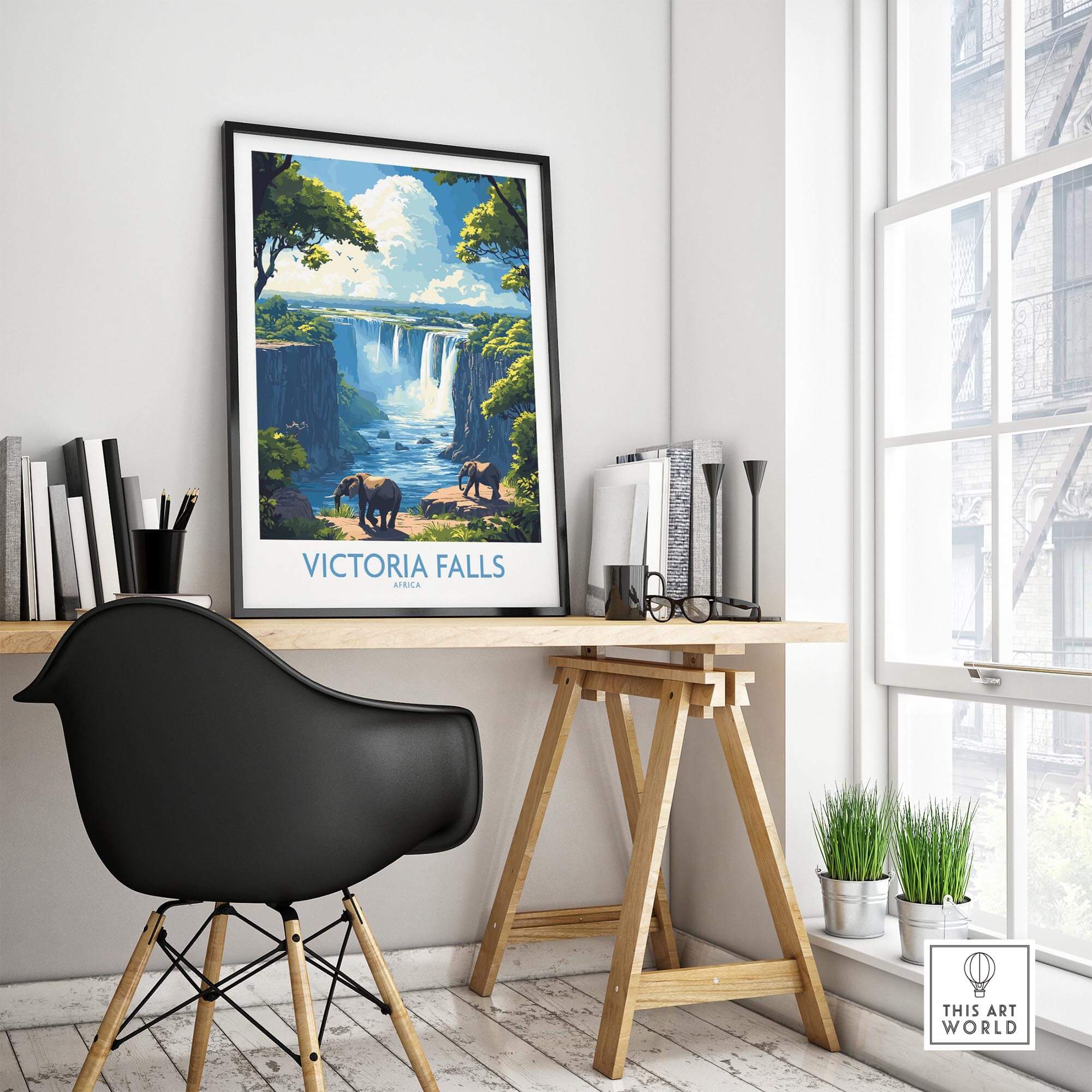 Victoria Falls Travel Poster displayed in a modern home office with elephants and scenic waterfall backdrop.