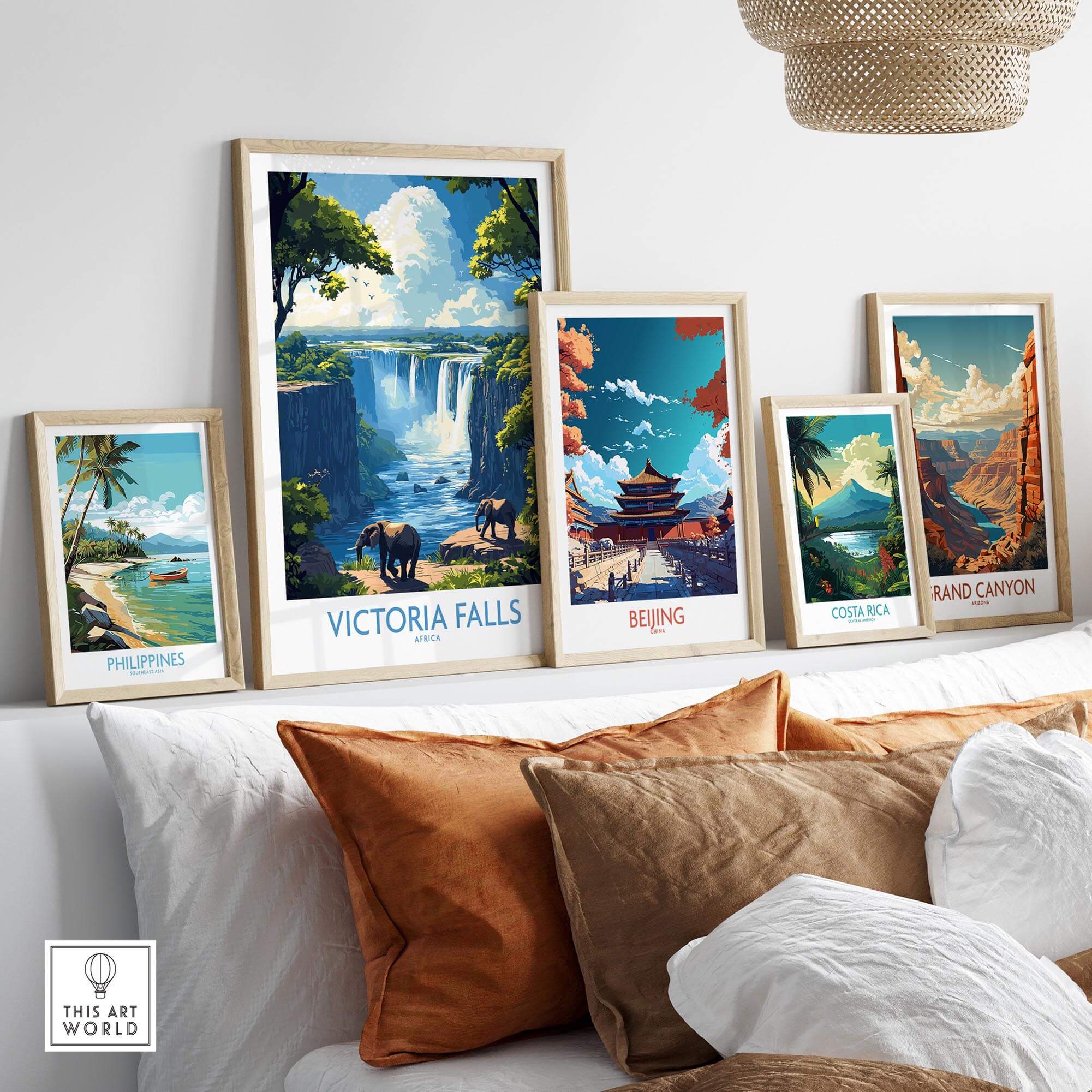 Victoria Falls Travel Poster displayed among other travel posters on a stylish shelf, enhancing home decor.