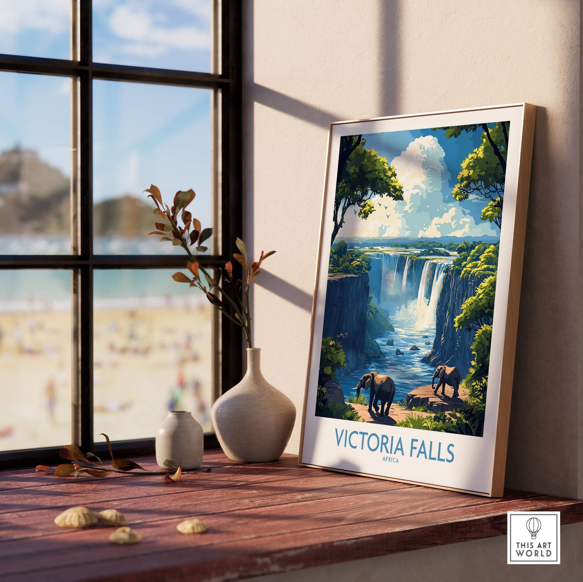 Victoria Falls Travel Poster featuring majestic elephants and stunning waterfalls, perfect for nature enthusiasts.