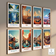 Victoria Falls Travel Poster and various city travel posters displayed on a wall, showcasing stunning landscapes.
