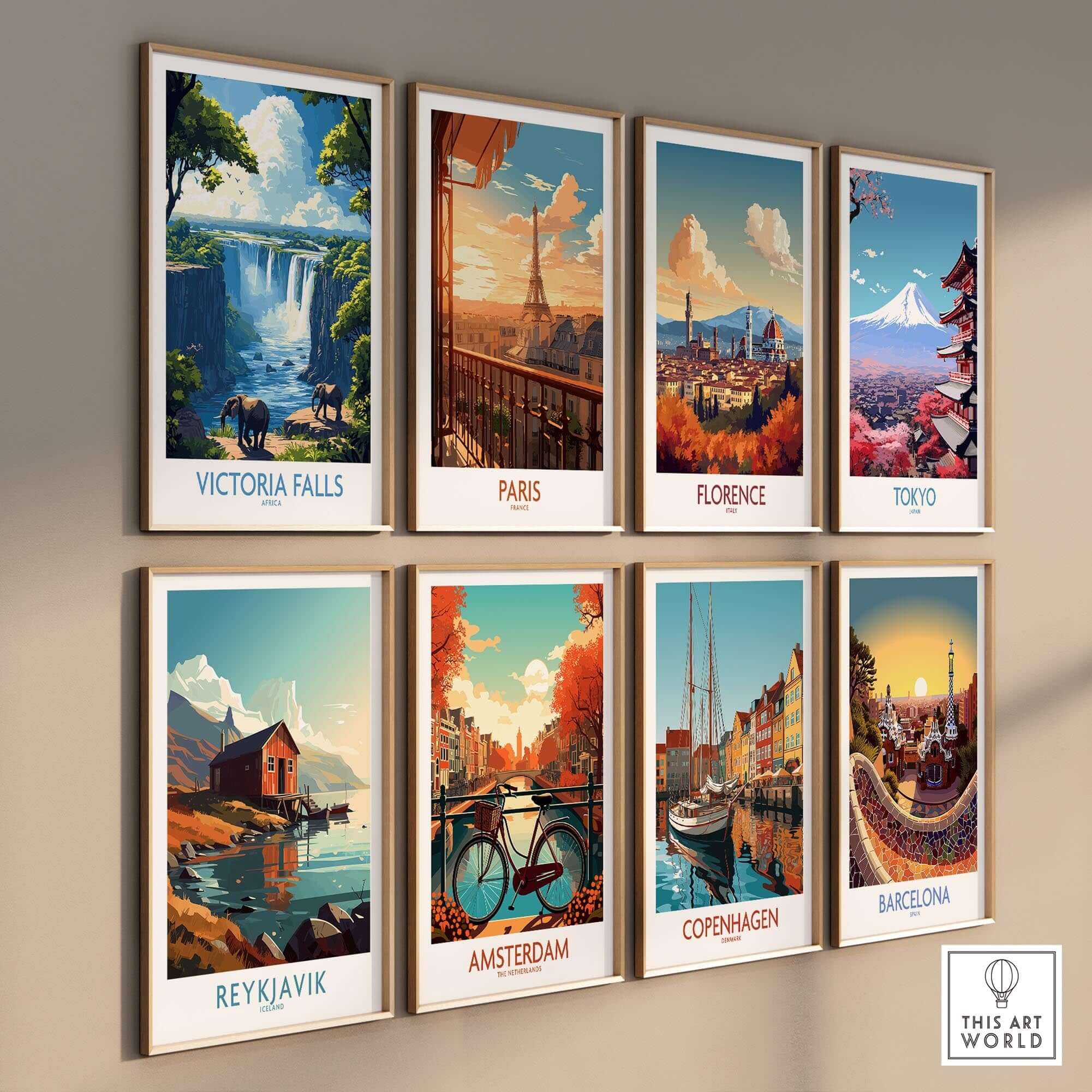 Victoria Falls Travel Poster and various city travel posters displayed on a wall, showcasing stunning landscapes.