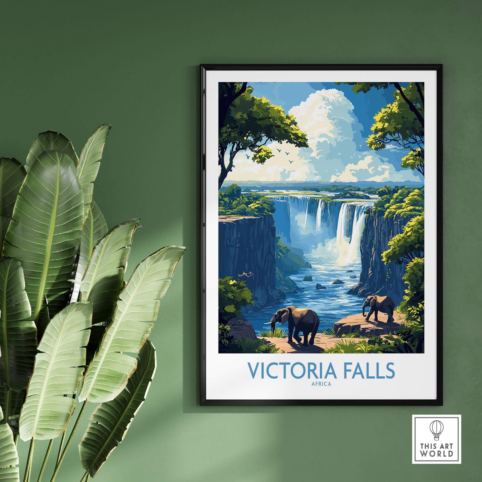 Victoria Falls Travel Poster featuring elephants near the majestic Victoria Falls in an artistic and vibrant setting.