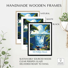 Handmade wooden frames displaying the Victoria Falls Travel Poster in natural, white, and black finishes.