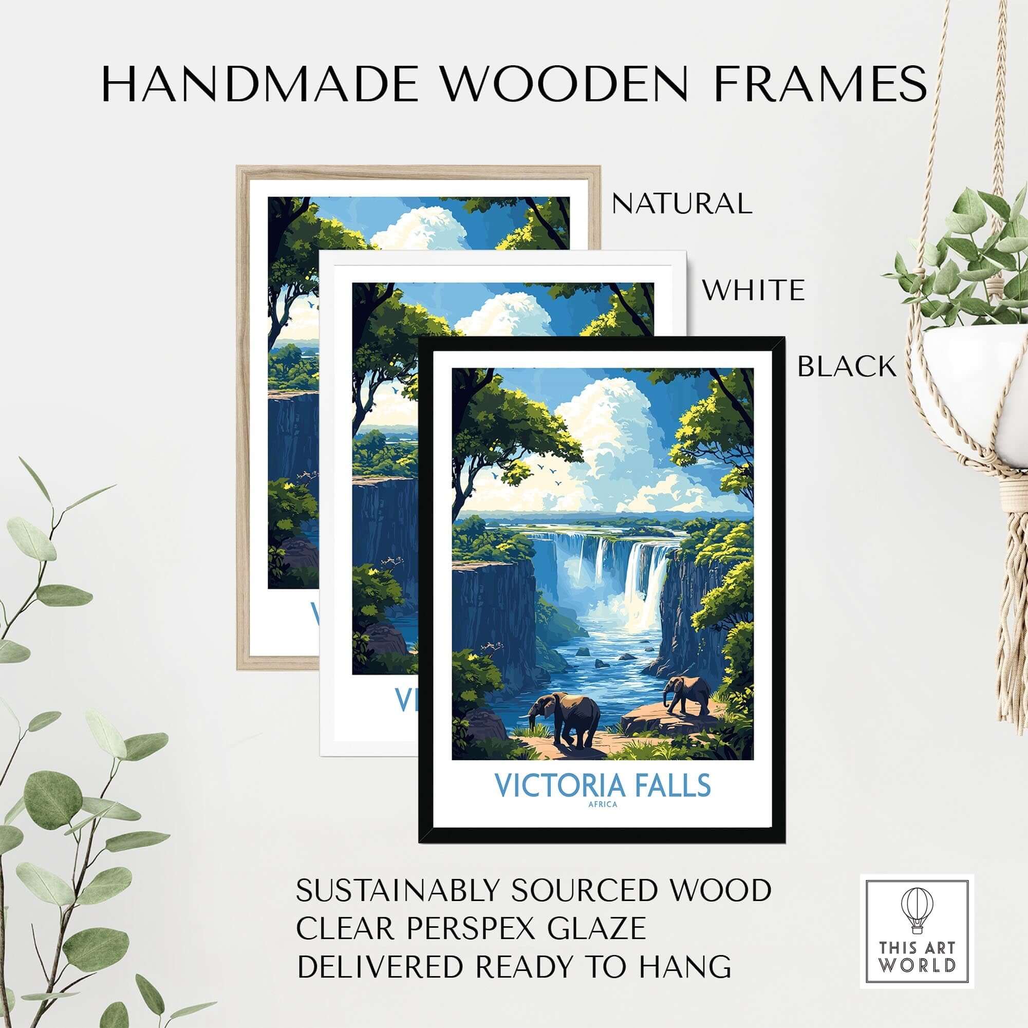 Handmade wooden frames displaying the Victoria Falls Travel Poster in natural, white, and black finishes.