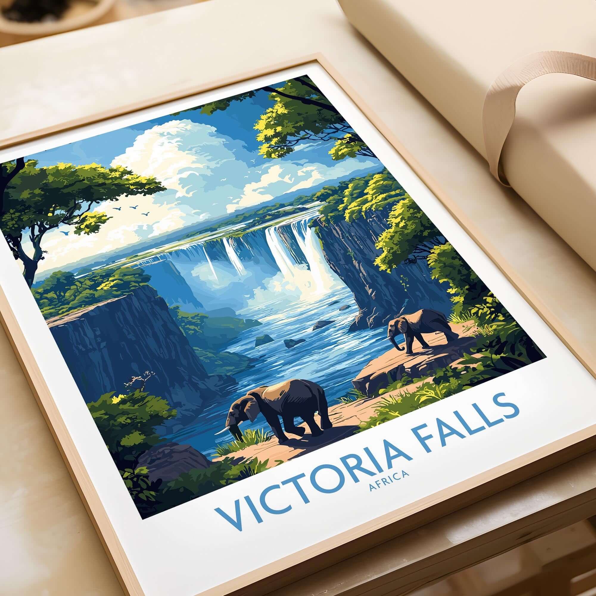 Victoria Falls Travel Poster featuring majestic elephants and stunning waterfall scenery in vibrant colors.