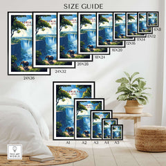 Victoria Falls Travel Print size guide featuring various frame sizes and a beautiful design with elephants.
