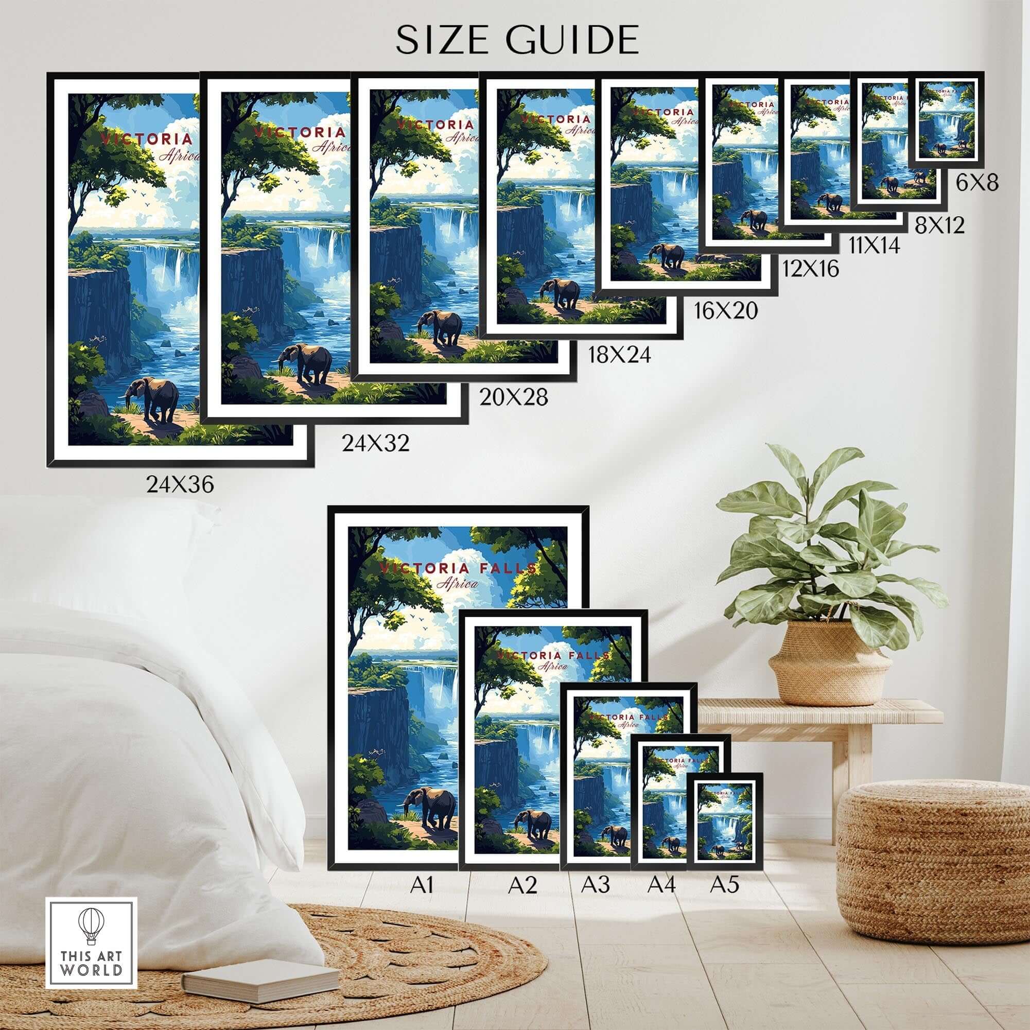 Victoria Falls Travel Print size guide featuring various frame sizes and a beautiful design with elephants.