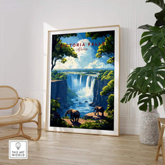 Victoria Falls Travel Print showcasing stunning waterfalls and elephants in a beautiful African landscape.