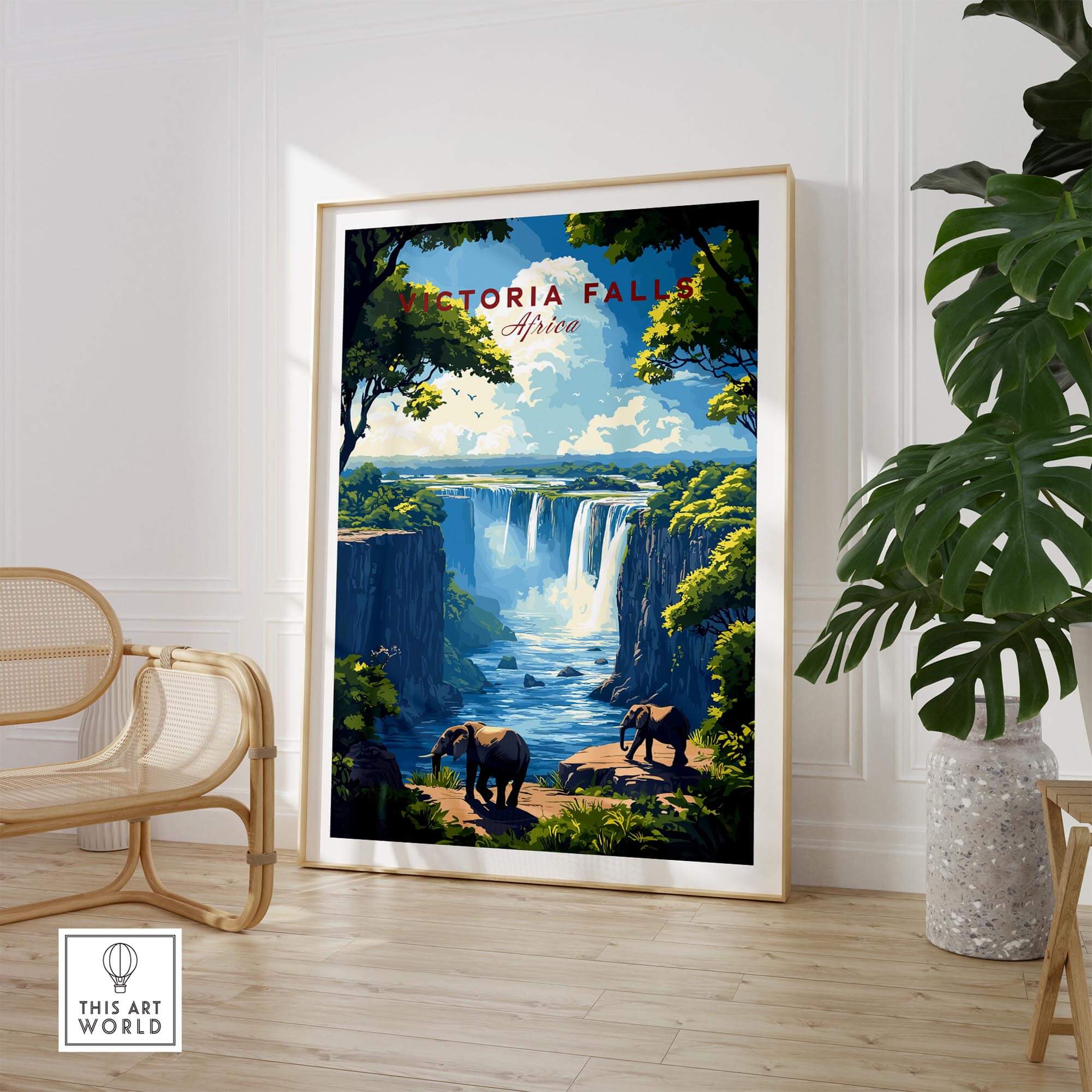 Victoria Falls Travel Print showcasing stunning waterfalls and elephants in a beautiful African landscape.
