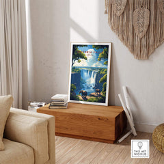 Victoria Falls Travel Print showcasing stunning view of falls and elephants in stylish home decor.