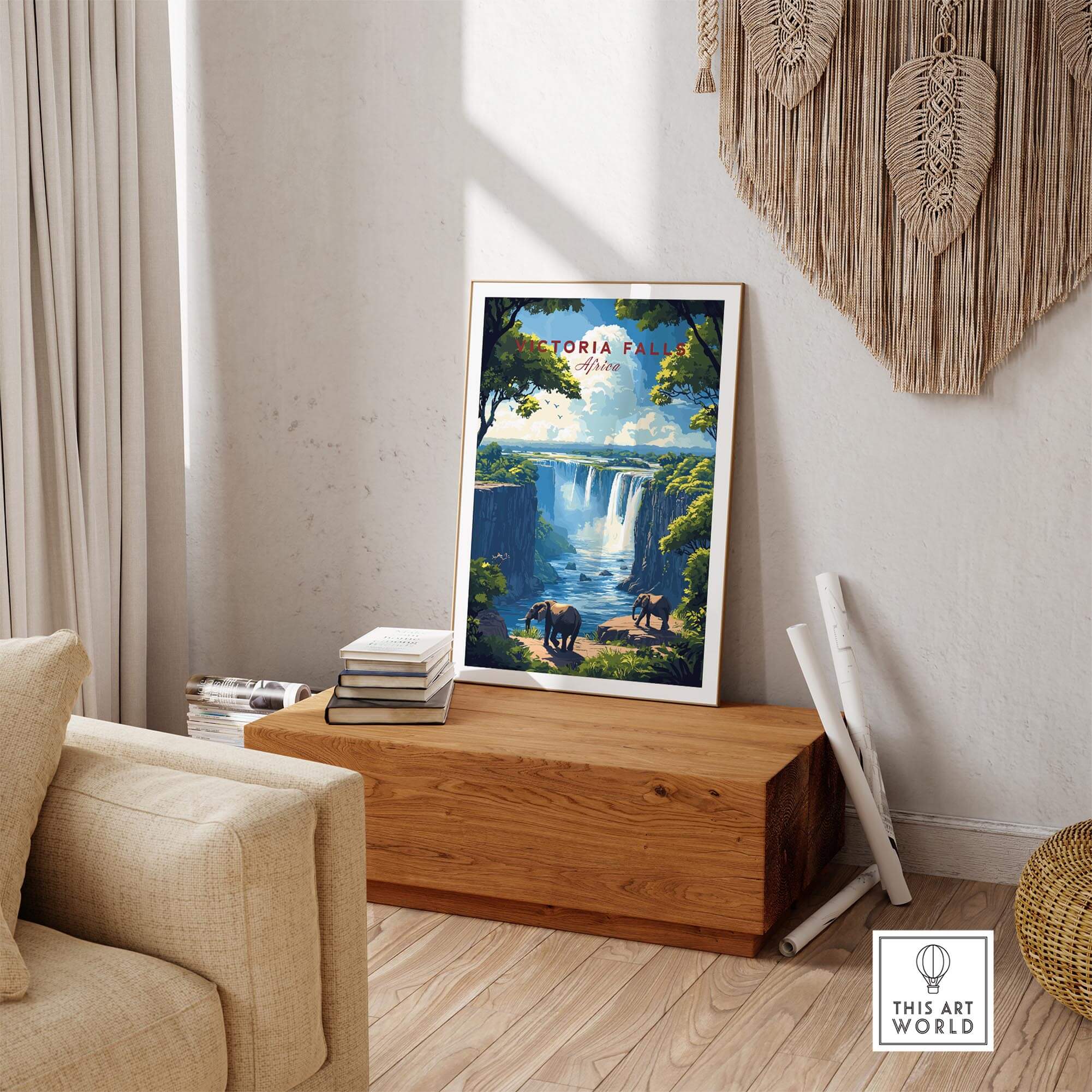 Victoria Falls Travel Print showcasing stunning view of falls and elephants in stylish home decor.