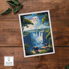 Victoria Falls Travel Print featuring stunning elephants and the breathtaking falls, perfect for nature lovers.