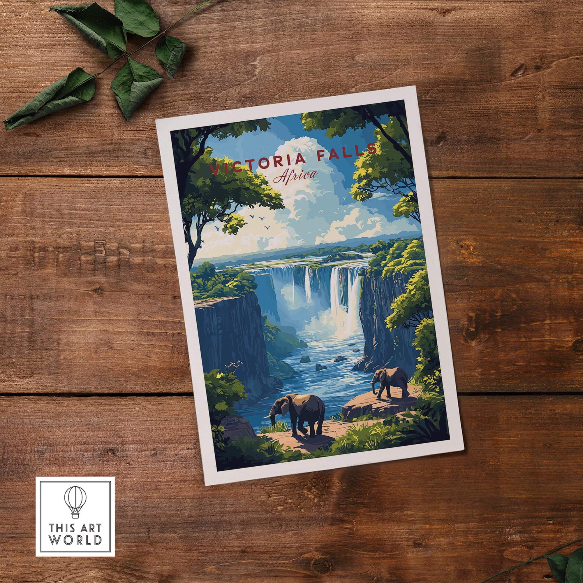 Victoria Falls Travel Print featuring stunning elephants and the breathtaking falls, perfect for nature lovers.
