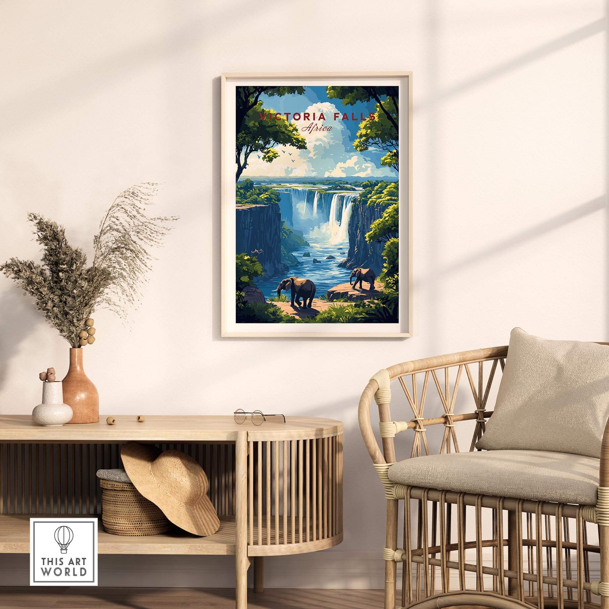 Victoria Falls Travel Print showcasing elephants and the stunning view of Victoria Falls in a stylish home decor setting.