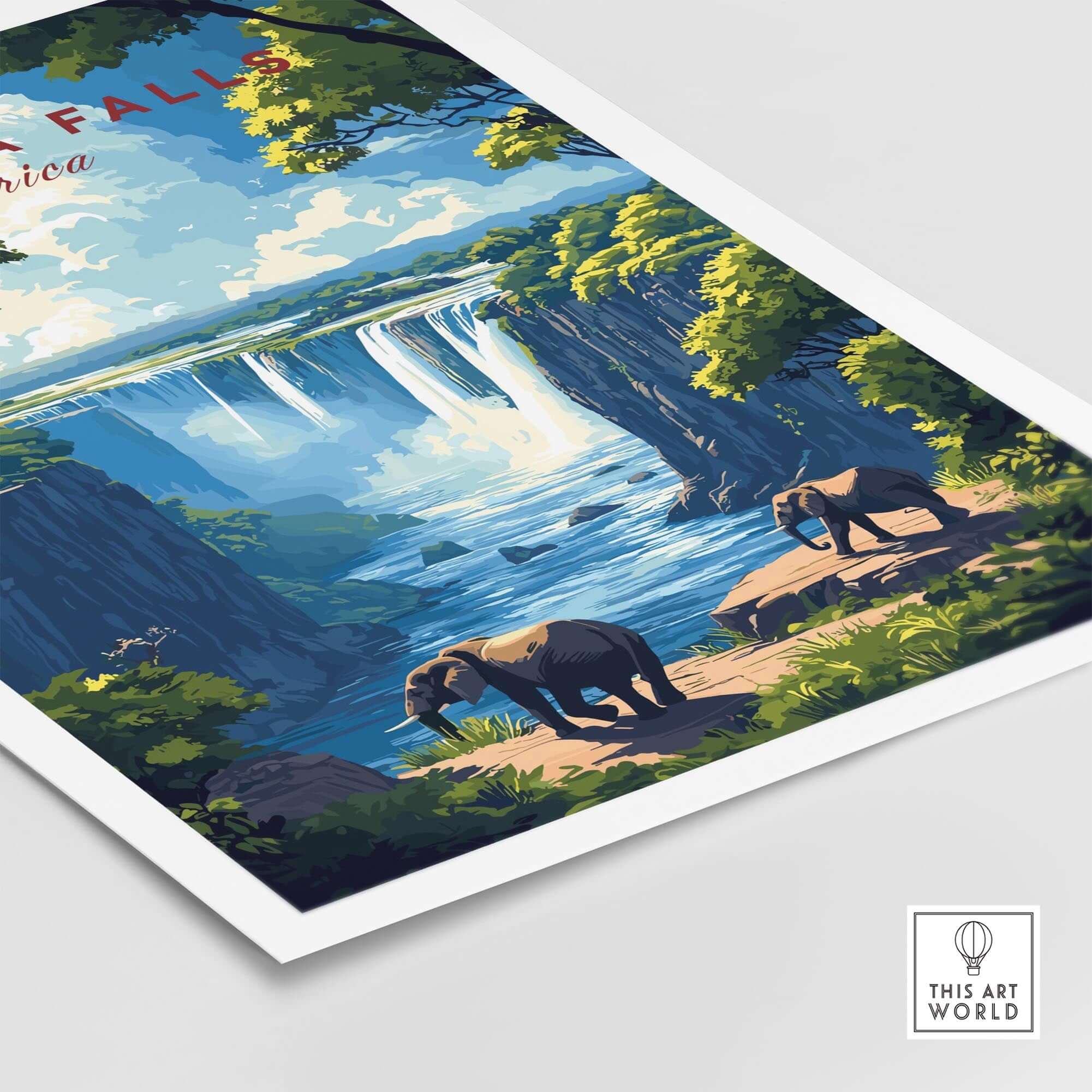 Victoria Falls Travel Print showcasing elephants near the breathtaking Victoria Falls in Africa.