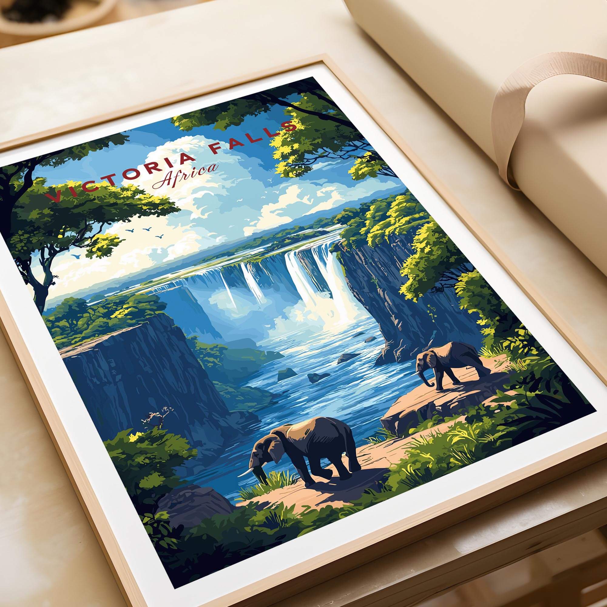 Victoria Falls Travel Print showcasing a vibrant view of elephants by the falls in Africa, perfect for nature lovers.
