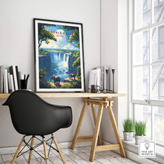 Victoria Falls Travel Print featuring stunning elephants and waterfall in stylish home decor setting.