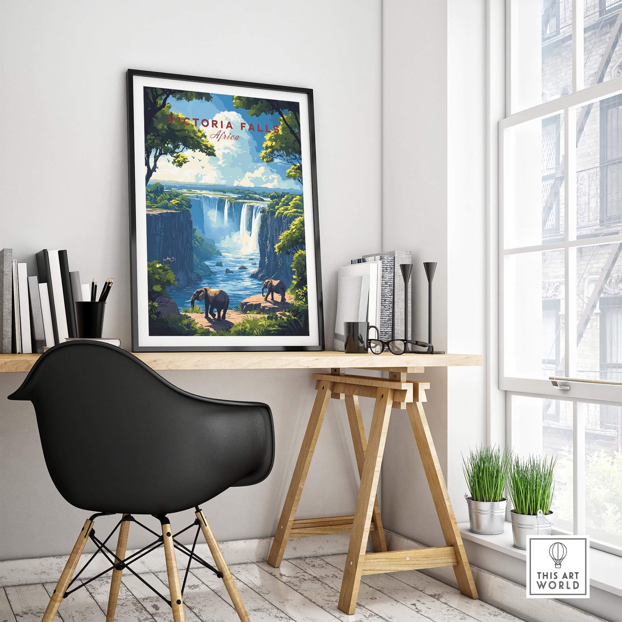 Victoria Falls Travel Print featuring stunning elephants and waterfall in stylish home decor setting.