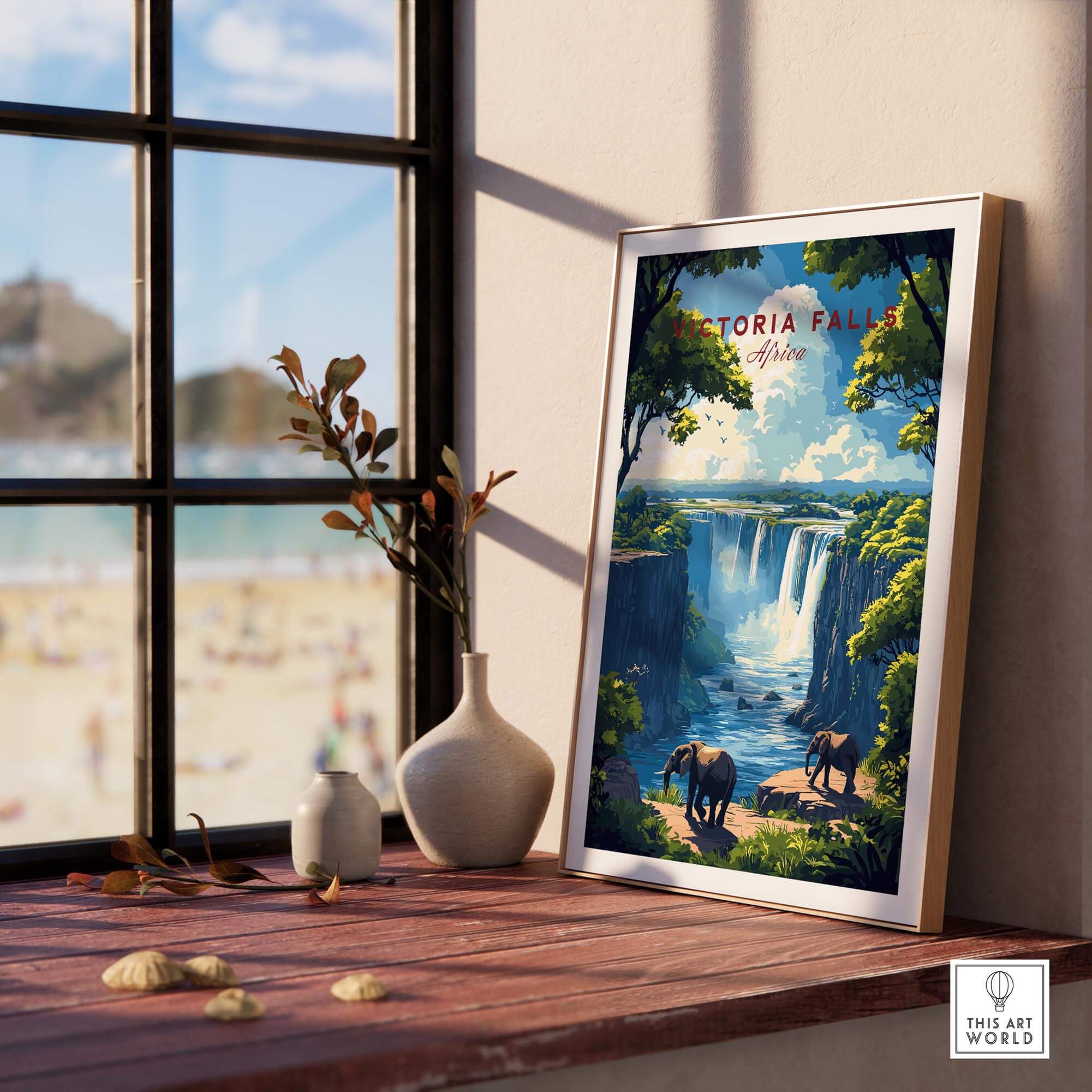 Victoria Falls Travel Print framed art showcasing elephants and the stunning beauty of Victoria Falls.