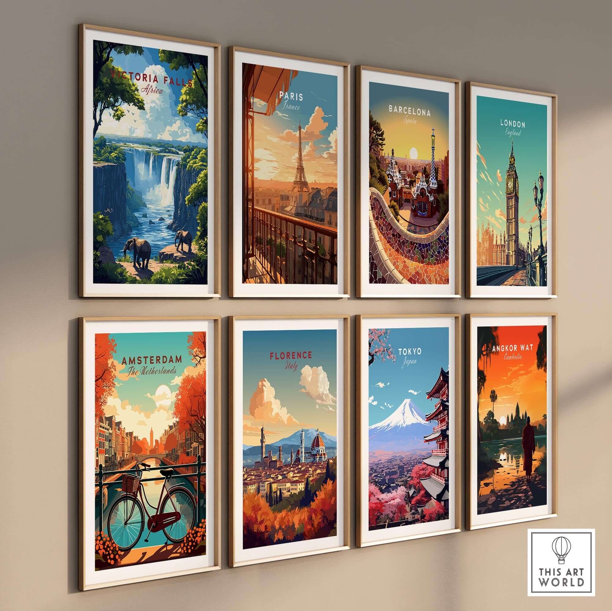 Victoria Falls Travel Print showcased among global travel posters including Paris, Barcelona, and Tokyo.