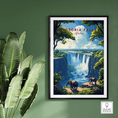 Victoria Falls Travel Print featuring majestic elephants and breathtaking waterfalls in a vibrant African landscape.