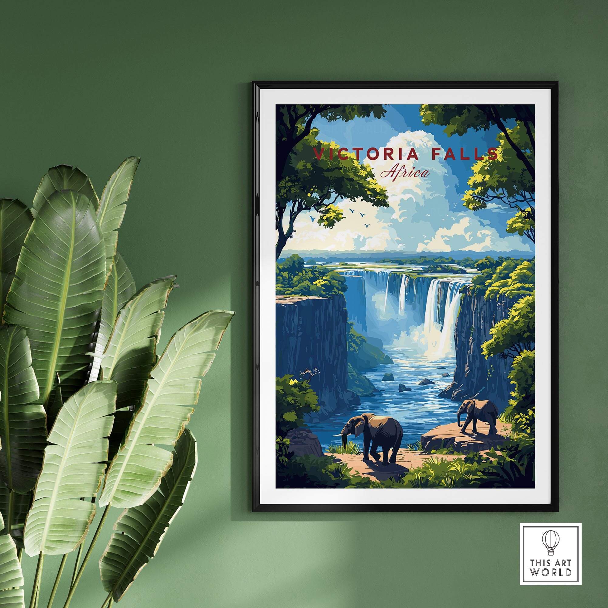 Victoria Falls Travel Print featuring majestic elephants and breathtaking waterfalls in a vibrant African landscape.