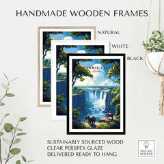 Handmade wooden frames for Victoria Falls Travel Print in natural, white, and black finishes with clear perspex glaze.